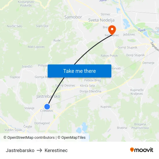 Jastrebarsko to Kerestinec map
