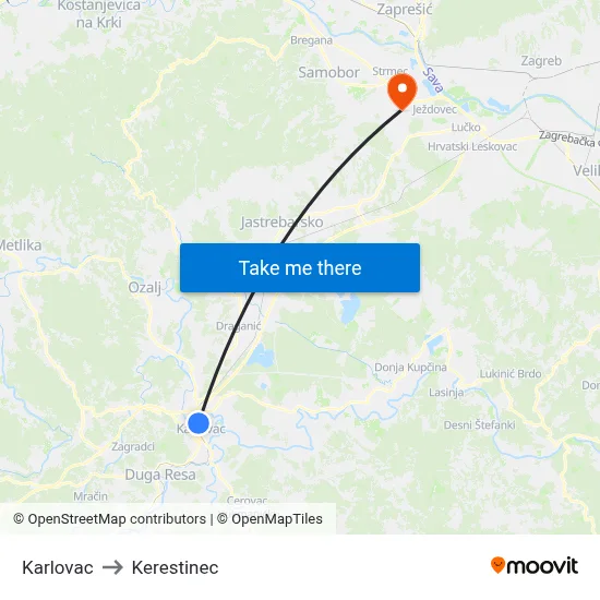 Karlovac to Kerestinec map