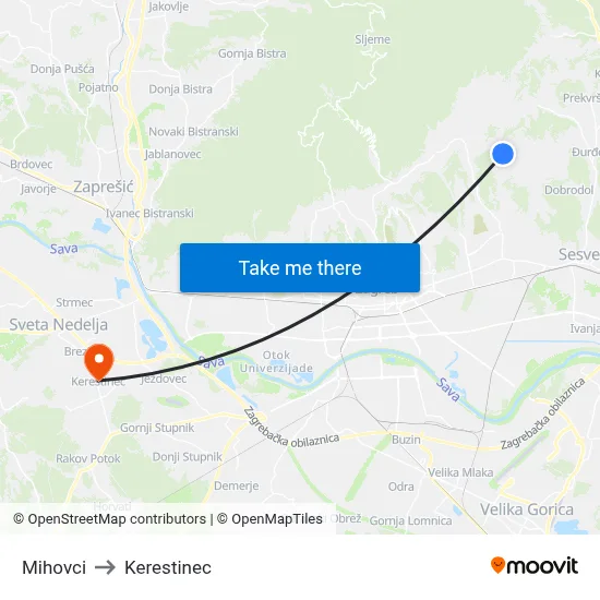 Mihovci to Kerestinec map