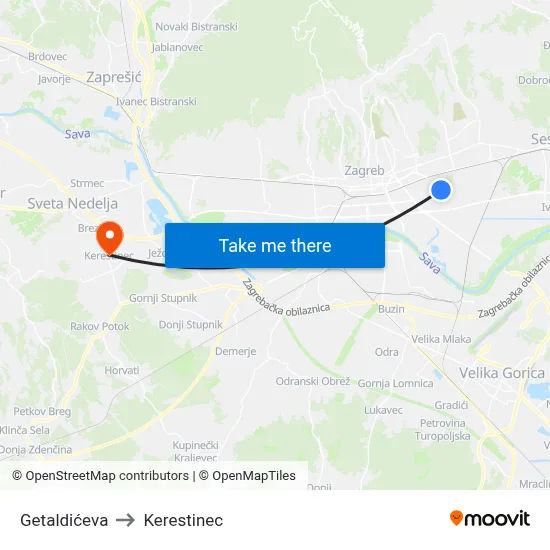 Getaldićeva to Kerestinec map