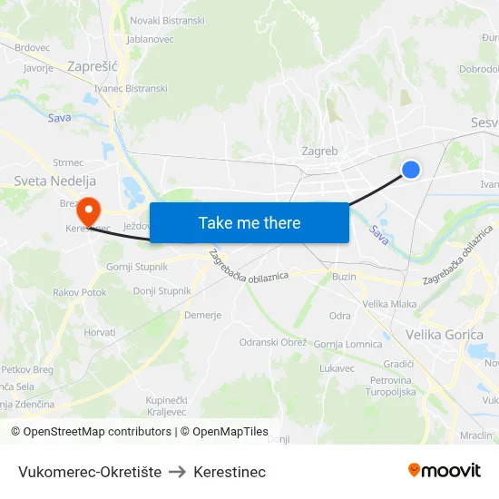 Vukomerec-Okretište to Kerestinec map