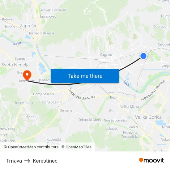 Trnava to Kerestinec map