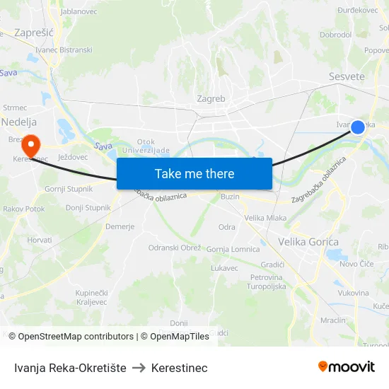 Ivanja Reka-Okretište to Kerestinec map