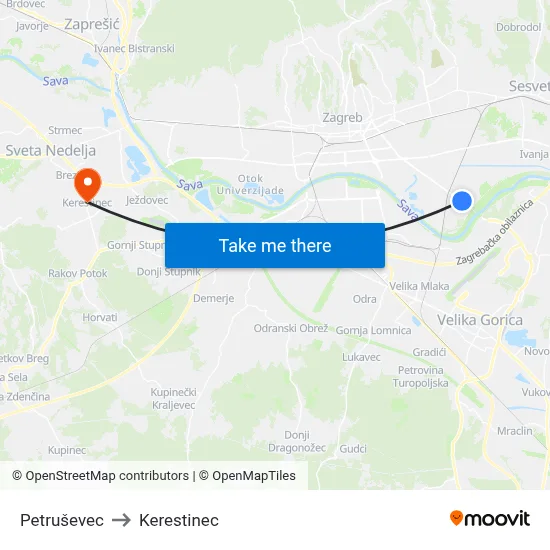 Petruševec to Kerestinec map