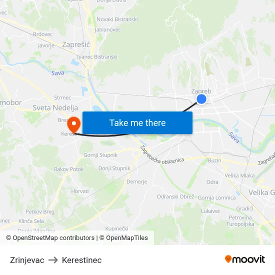Zrinjevac to Kerestinec map