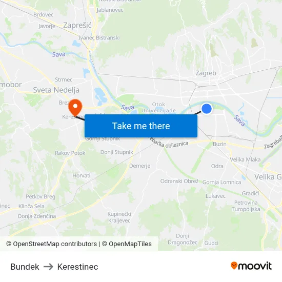 Bundek to Kerestinec map