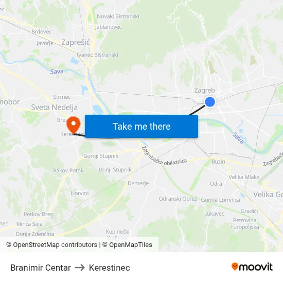 Branimir Centar to Kerestinec map