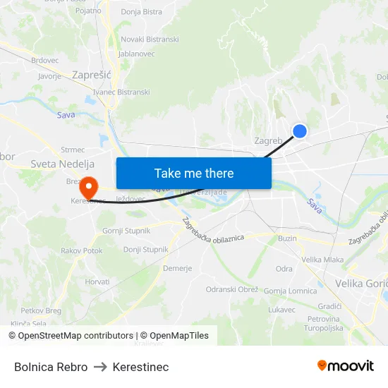 Bolnica Rebro to Kerestinec map