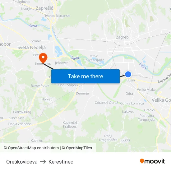 Oreškovićeva to Kerestinec map