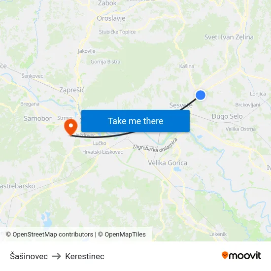 Šašinovec to Kerestinec map