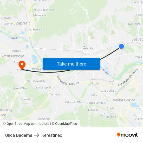 Ulica Badema to Kerestinec map