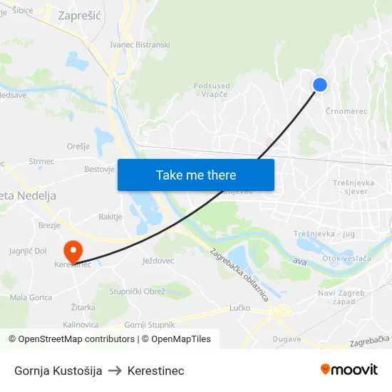 Gornja Kustošija to Kerestinec map
