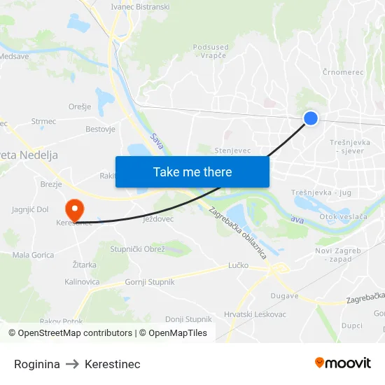 Roginina to Kerestinec map