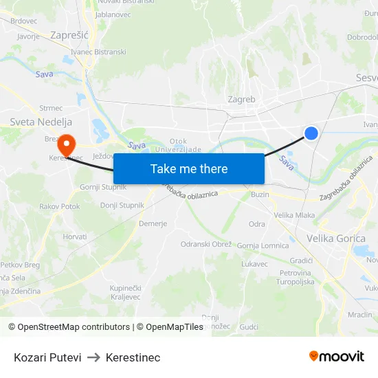 Kozari Putevi to Kerestinec map