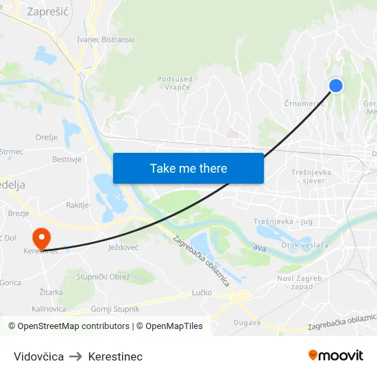 Vidovčica to Kerestinec map