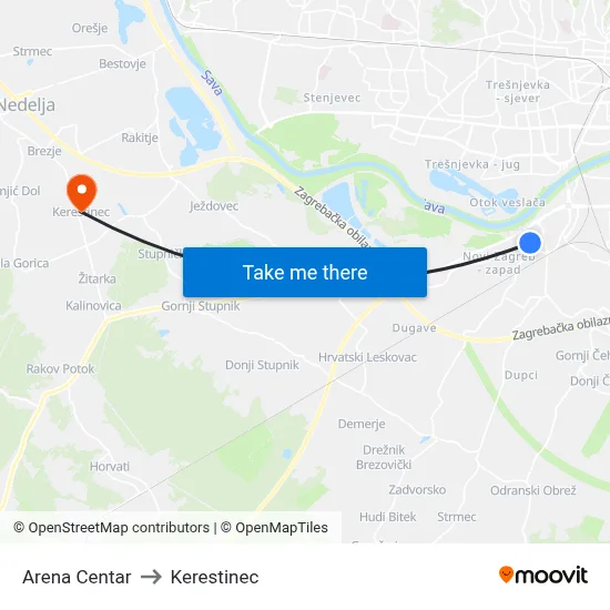 Arena Centar to Kerestinec map