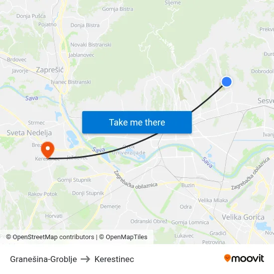 Granešina-Groblje to Kerestinec map