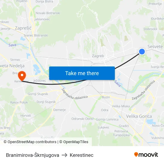 Branimirova-Škrnjugova to Kerestinec map