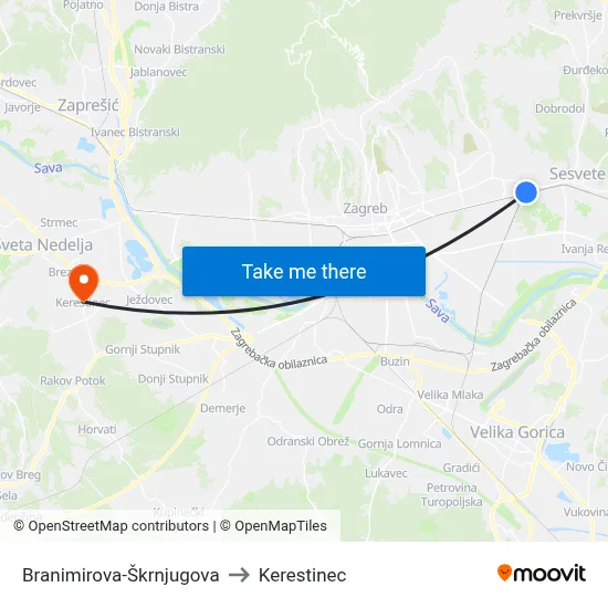 Branimirova-Škrnjugova to Kerestinec map