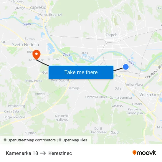 Kamenarka 18 to Kerestinec map