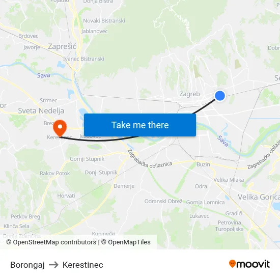 Borongaj to Kerestinec map
