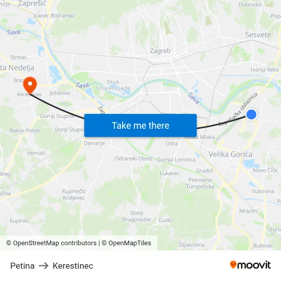 Petina to Kerestinec map