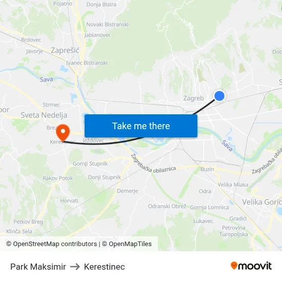 Park Maksimir to Kerestinec map