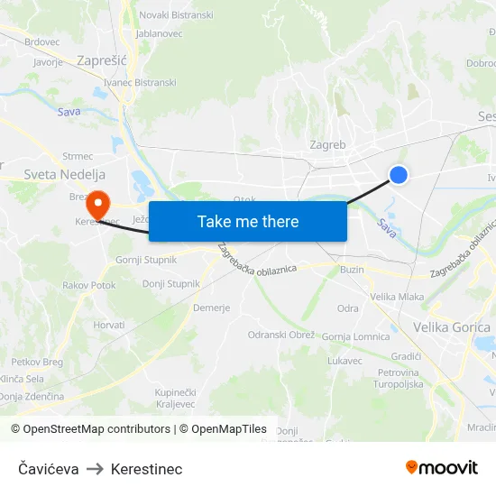 Čavićeva to Kerestinec map