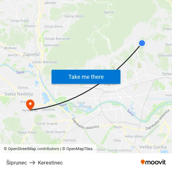 Šiprunec to Kerestinec map