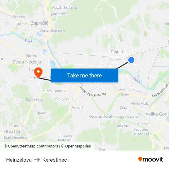 Heinzelova to Kerestinec map