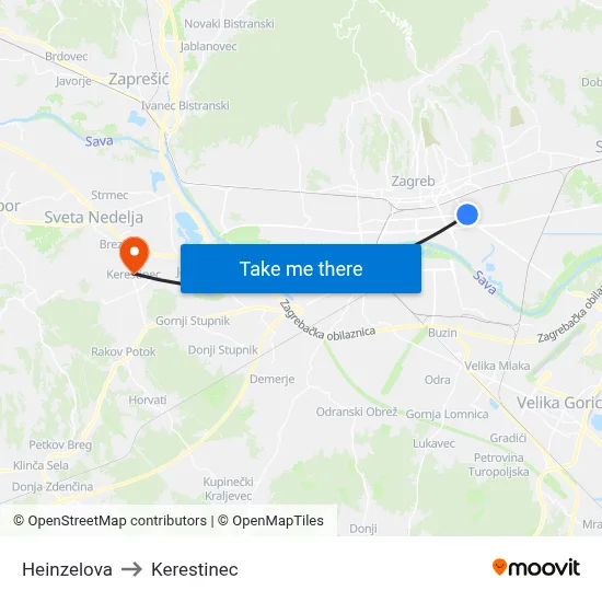 Heinzelova to Kerestinec map