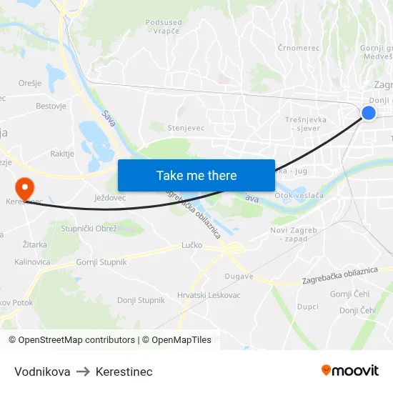 Vodnikova to Kerestinec map