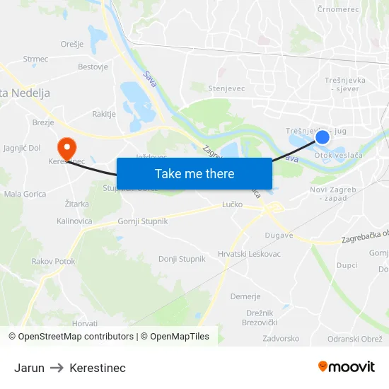 Jarun to Kerestinec map