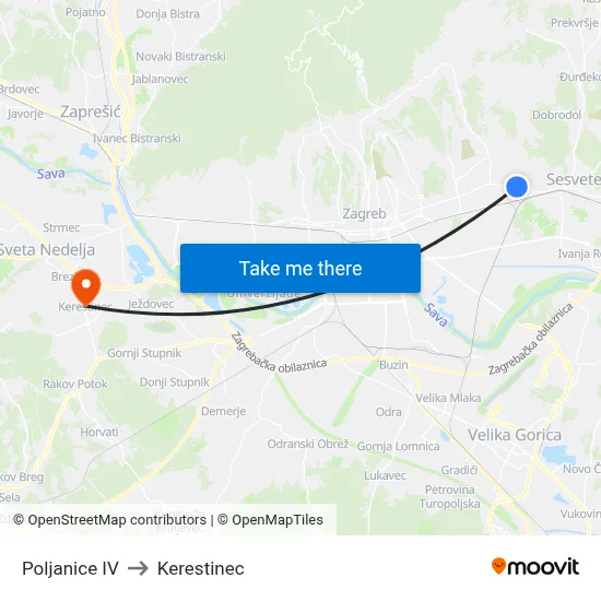 Poljanice IV to Kerestinec map
