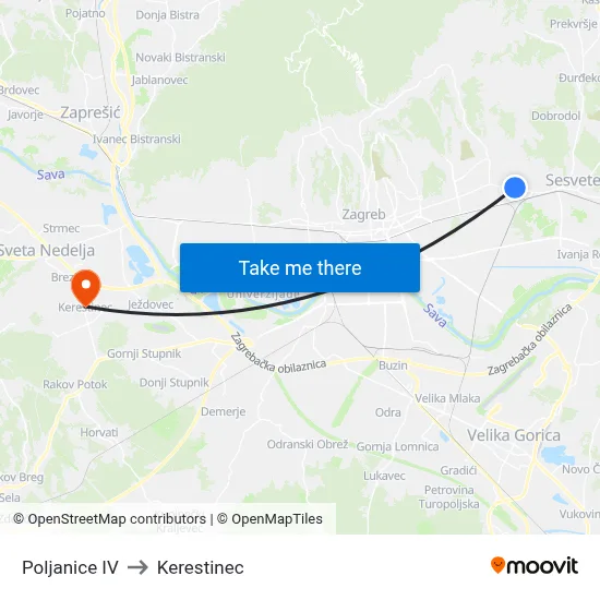 Poljanice IV to Kerestinec map