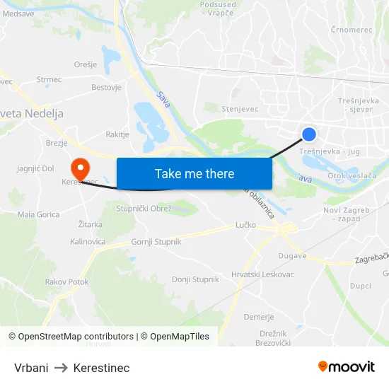 Vrbani to Kerestinec map