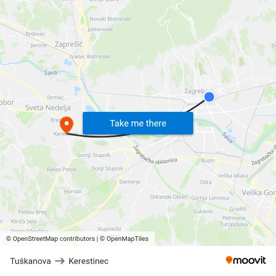 Tuškanova to Kerestinec map