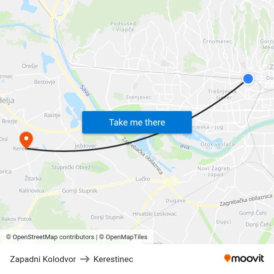 Zapadni Kolodvor to Kerestinec map