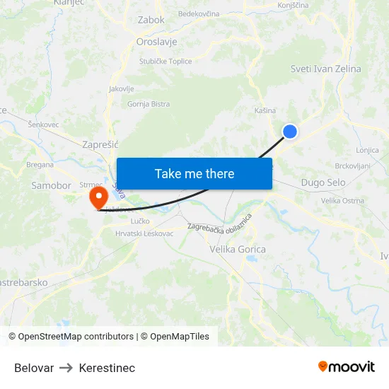 Belovar to Kerestinec map