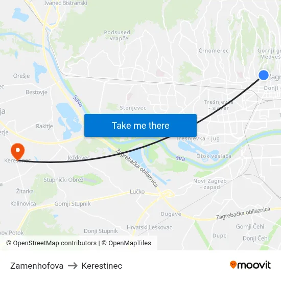 Zamenhofova to Kerestinec map