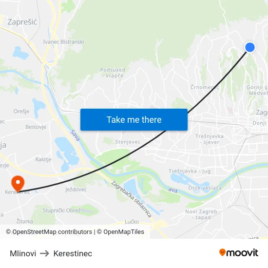 Mlinovi to Kerestinec map