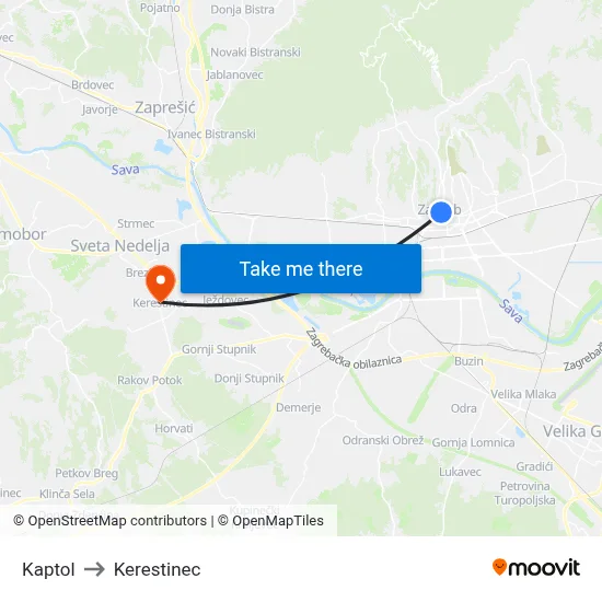 Kaptol to Kerestinec map