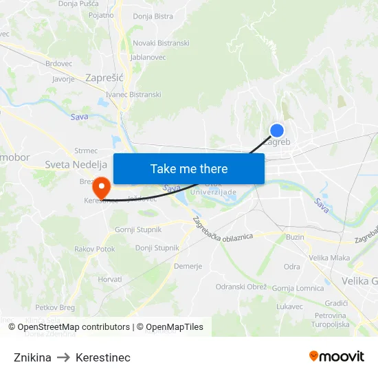 Znikina to Kerestinec map