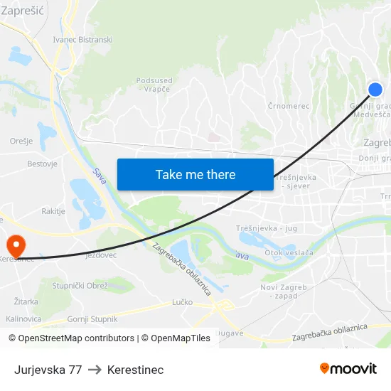 Jurjevska 77 to Kerestinec map