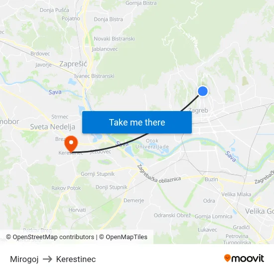 Mirogoj to Kerestinec map