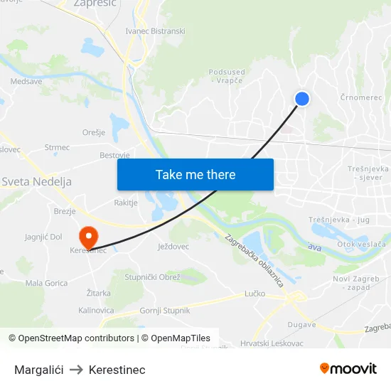 Margalići to Kerestinec map