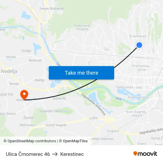 Ulica Črnomerec 46 to Kerestinec map