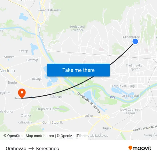 Orahovac to Kerestinec map
