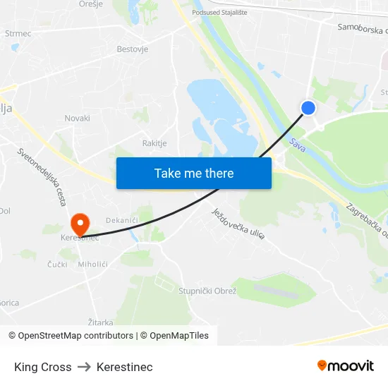 King Cross to Kerestinec map