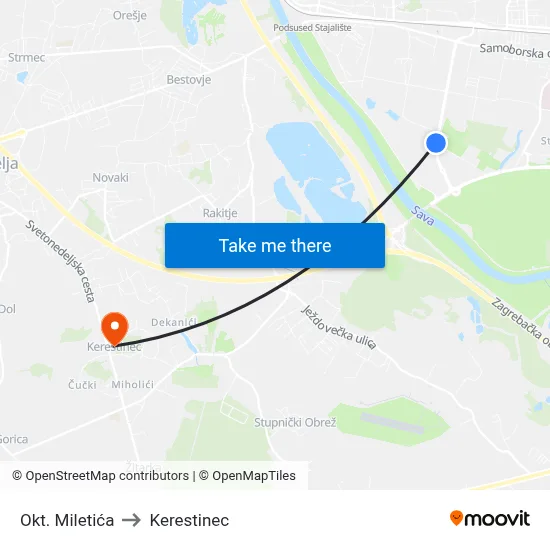 Okt. Miletića to Kerestinec map